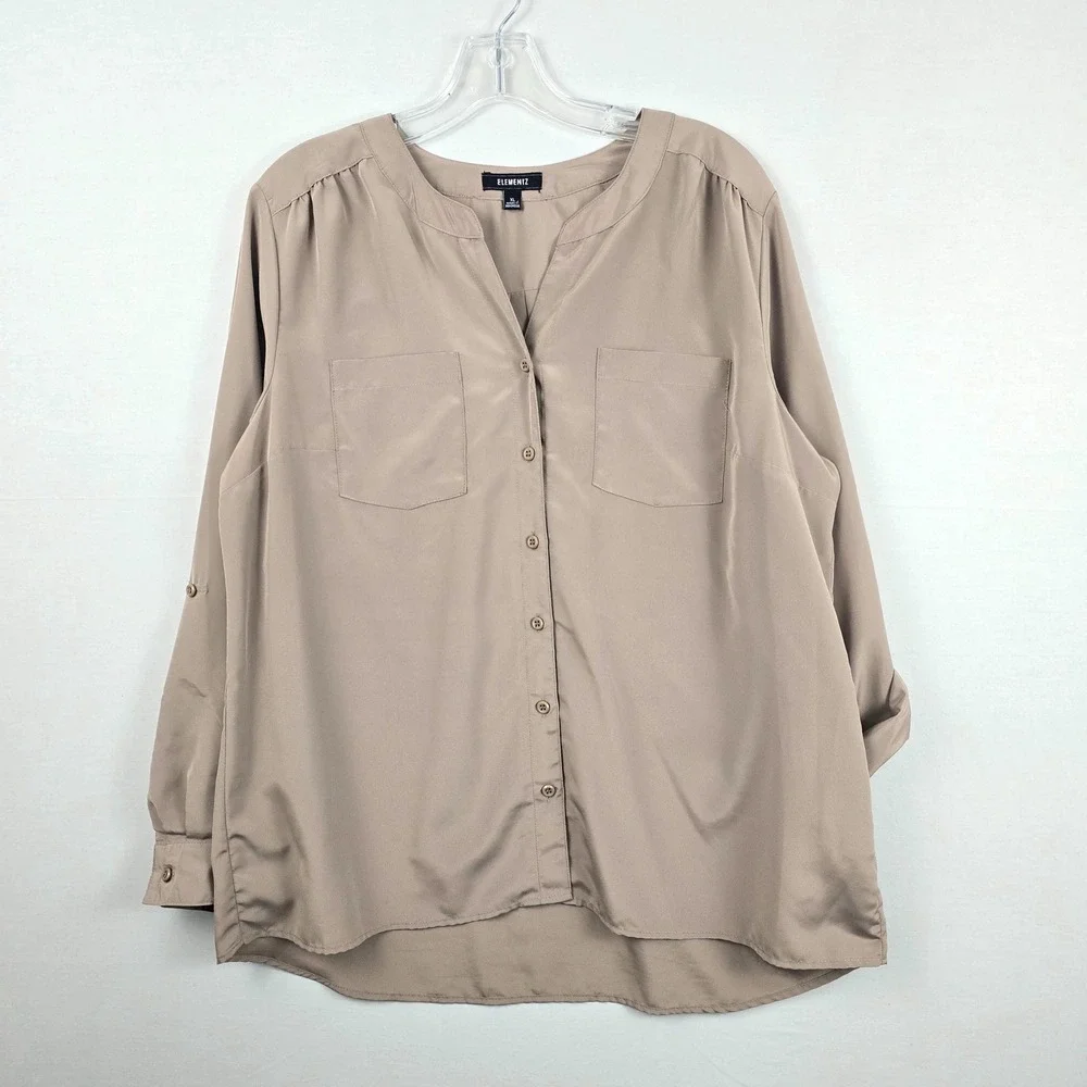 Elementz Button Front Roll Tab Long Sleeve Light Brown Women Shirt XL
